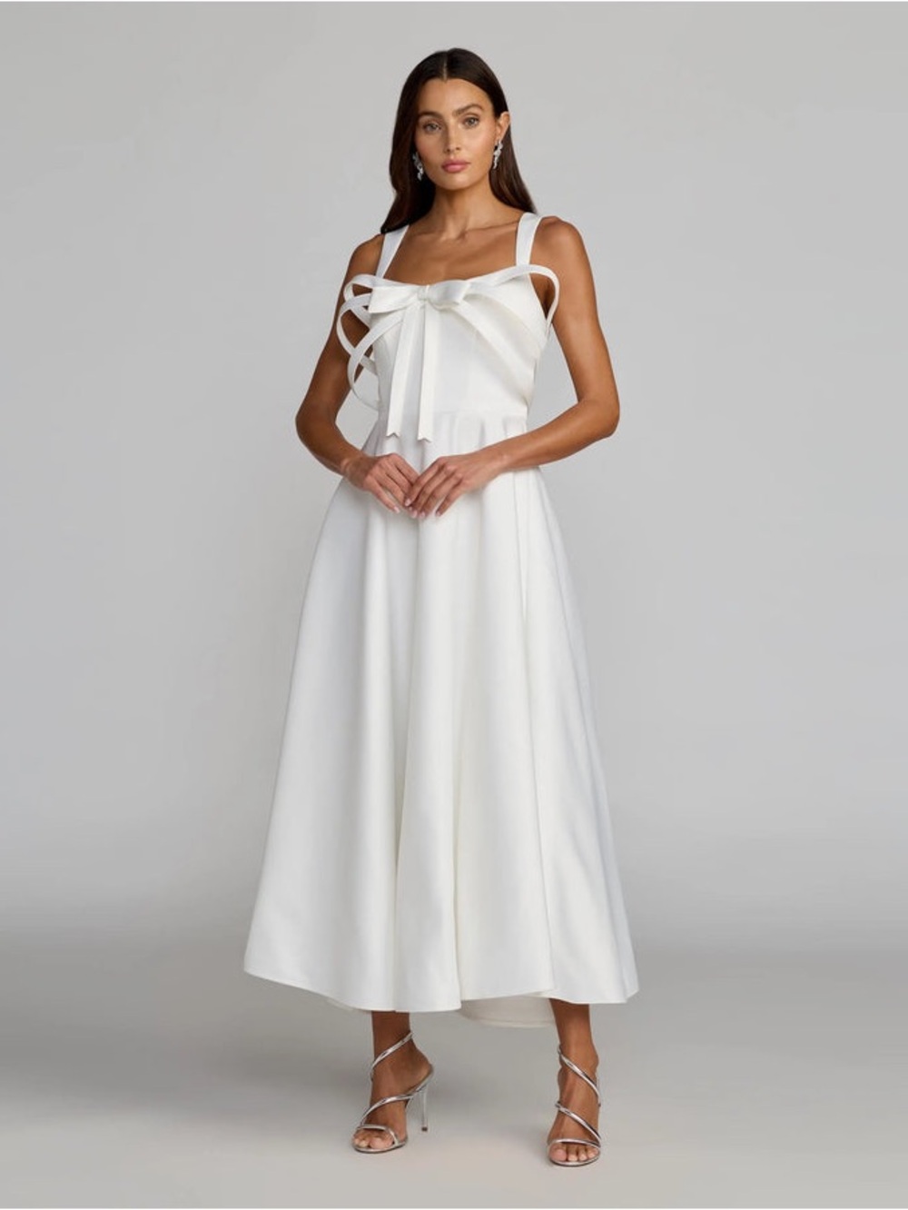 Mac Duggal Elegant White Bow-Front Midi Dress
